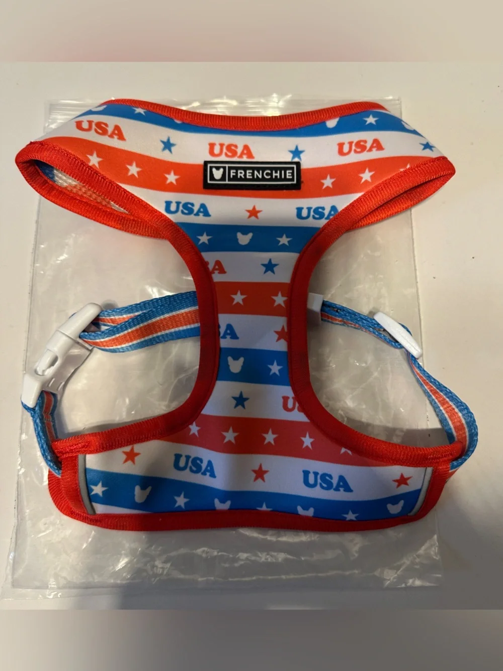 Frenchie Duo Reversible Dog Medium Harness USA america red white blue NEW